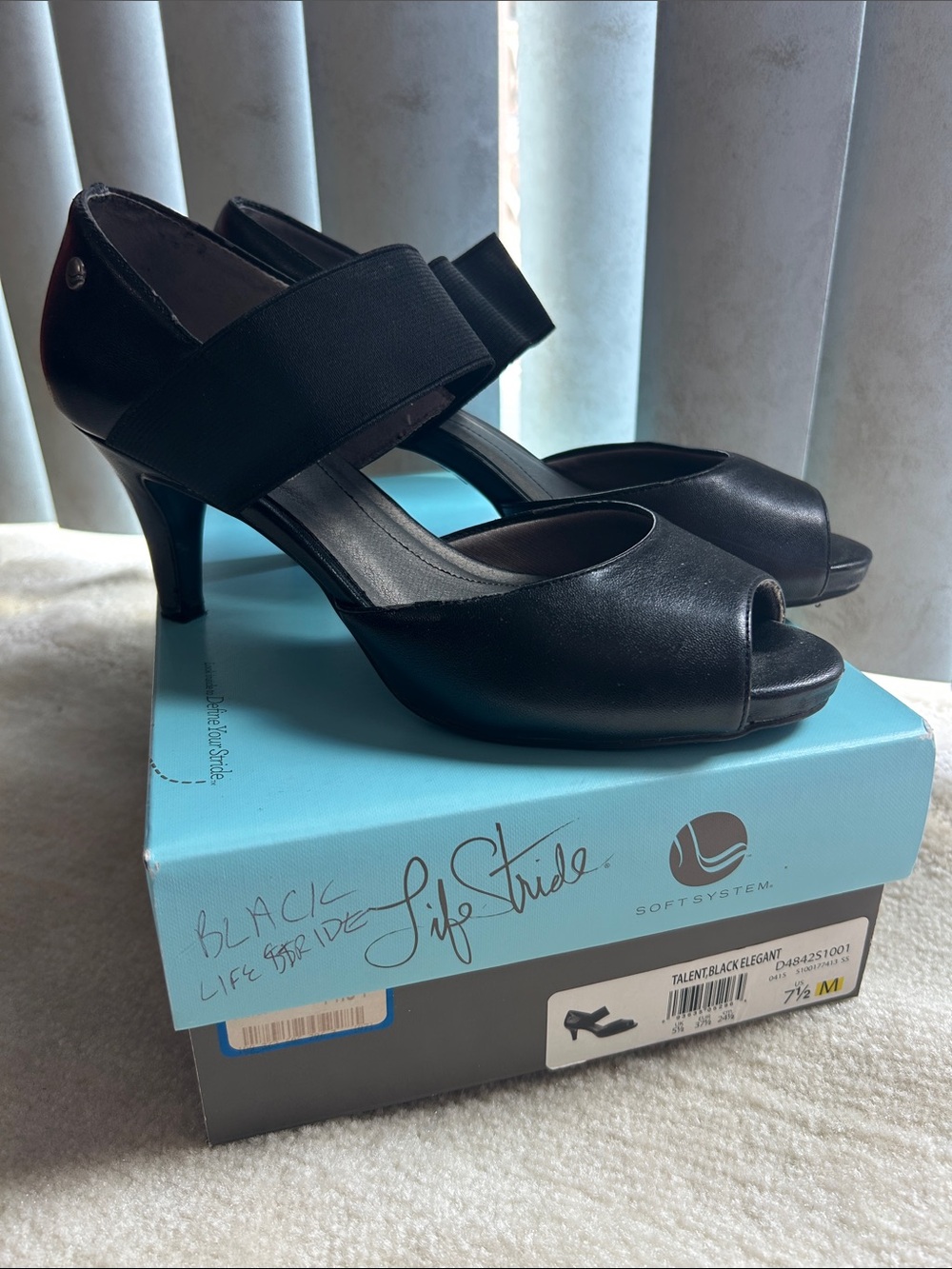 Life Stride Black Peep-Toe Mary Jane Heels with Wide Elastic Strap